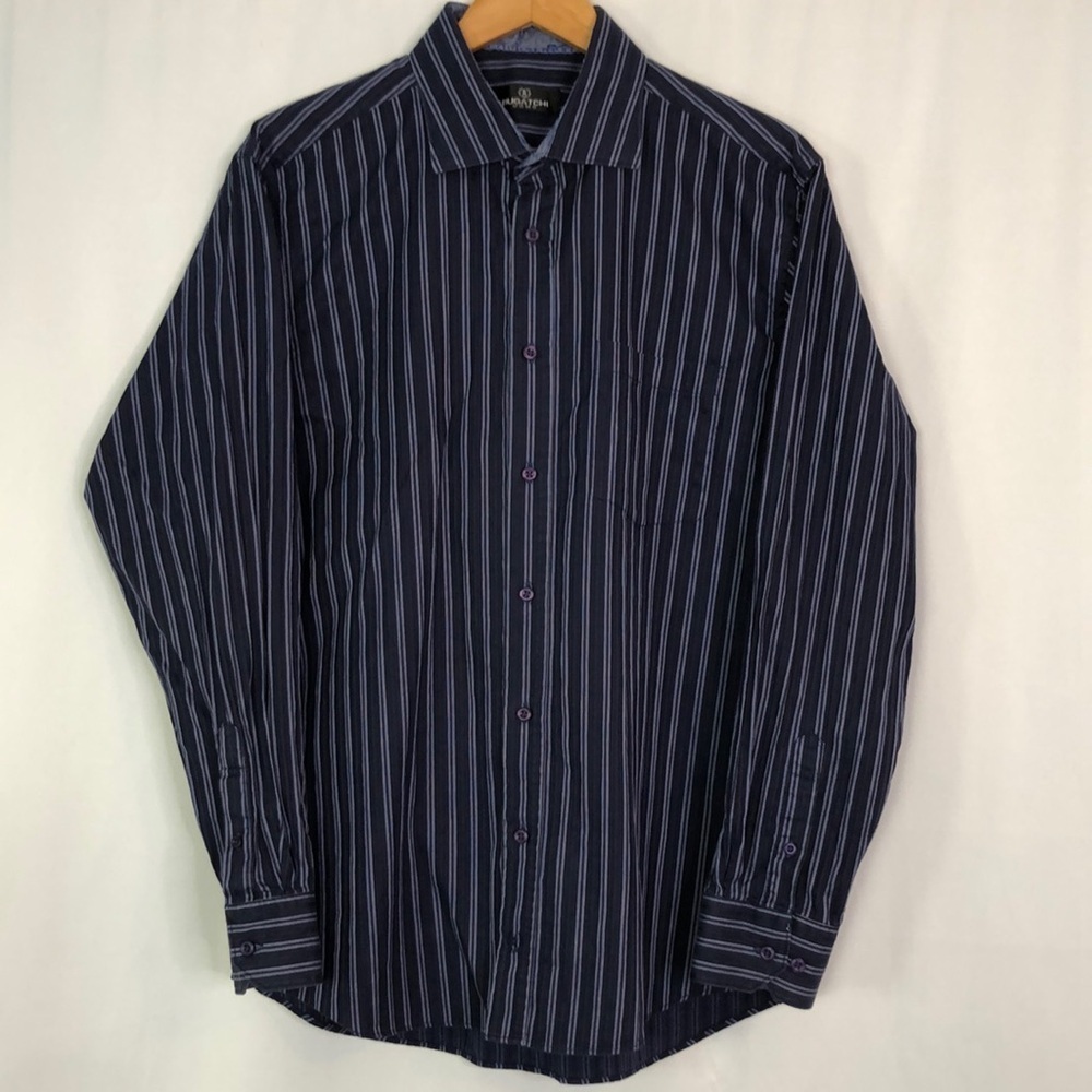 Bugatchi Uomo Mens Shirt Long Sleeve Classic Fit Dark Blue Striped Flip Cuff XL